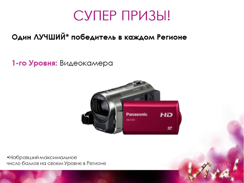 СУПЕР ПРИЗЫ!  1-го Уровня: Видеокамера Один ЛУЧШИЙ* победитель в каждом Регионе Набравший максимальное